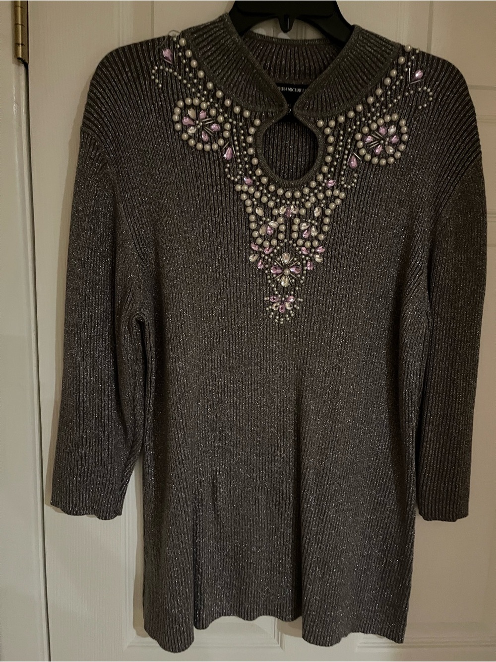 Lauren Michelle Metallic Gray Embellished Keyhole Sweater